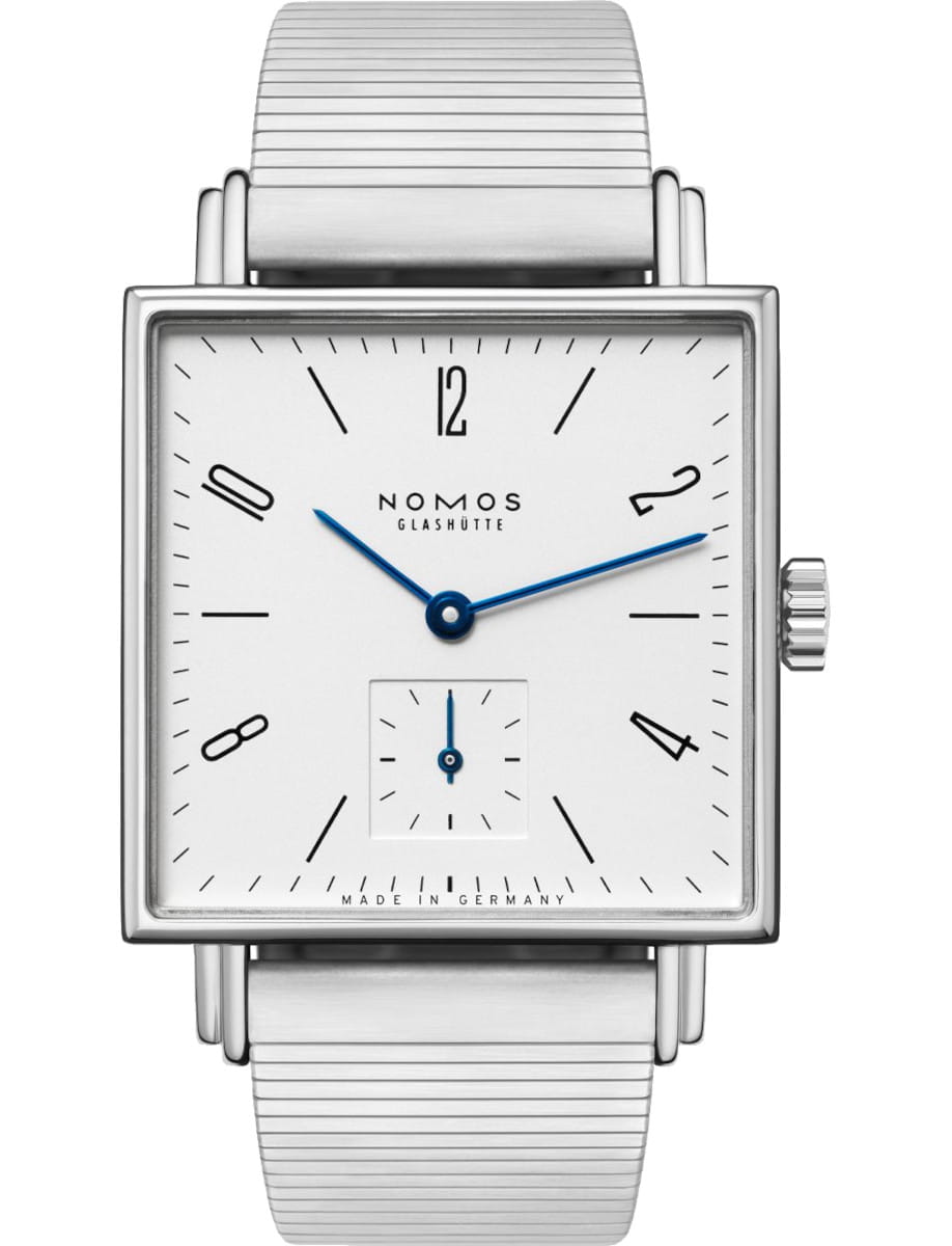 Square stainless steel NOMOS Glashütte wristwatch with a white dial, blue hour/minute hands, small seconds subdial at 6 o'clock, and a metal link band.