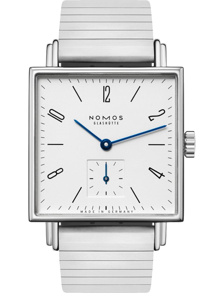 Square stainless steel Nomos Glashütte watch with white dial, blue hands, and a metal bracelet.