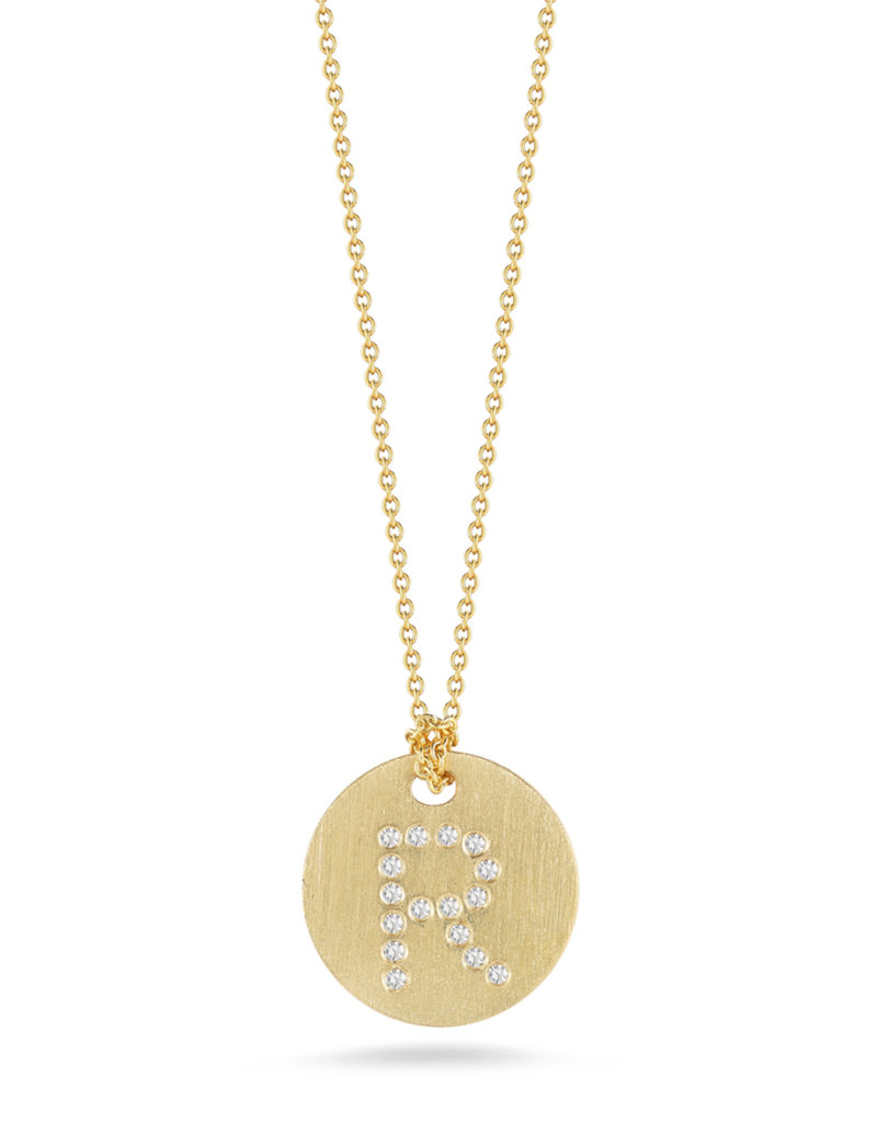 Disc Pendant with Diamond Initial R