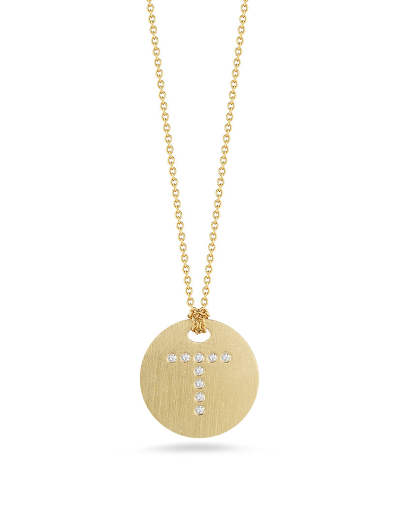 Disc Pendant with Diamond Initial T
