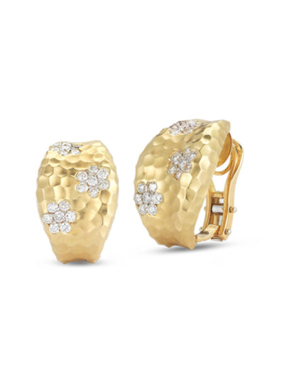 Roberto Coin Designer Gold Martellato Earrings with Diamond Flowers 777525AYERX0