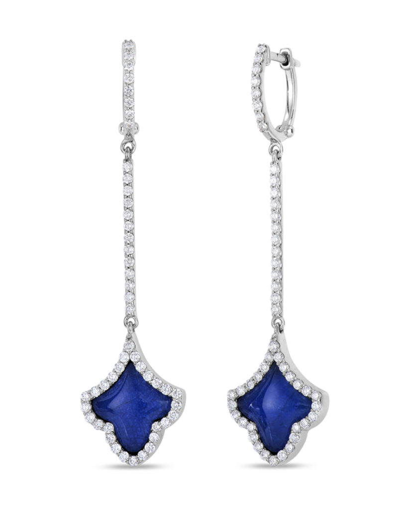 Art Deco Drop Earrings with Diamonds, Sapphire, and Mother of Pearl
