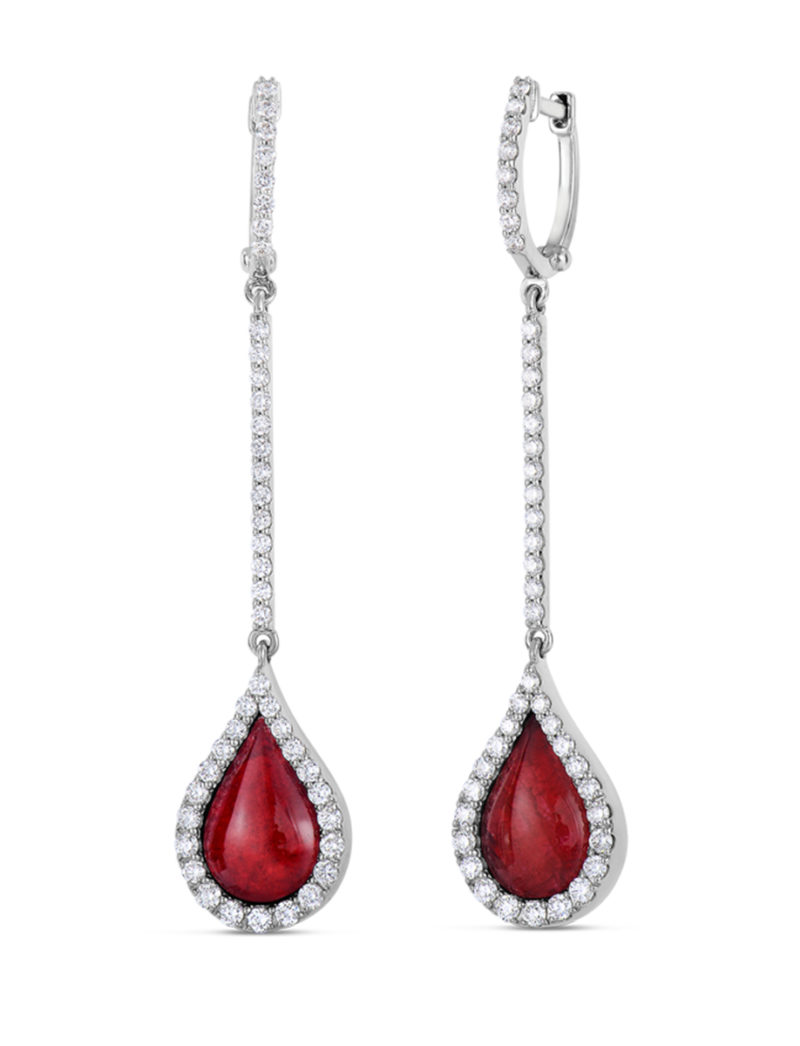 Art Deco Drop Earrings with Diamonds, Ruby, and Mother of Pearl