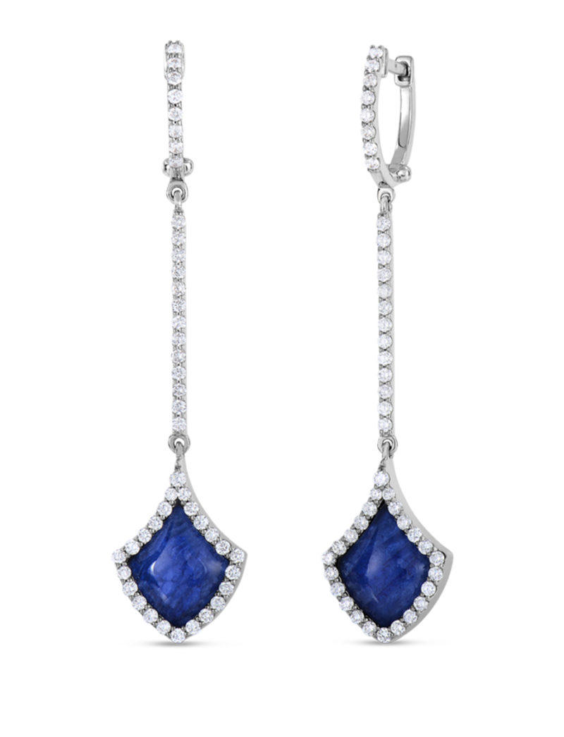 Art Deco Drop Earrings with Diamonds, Sapphire, and Mother of Pearl