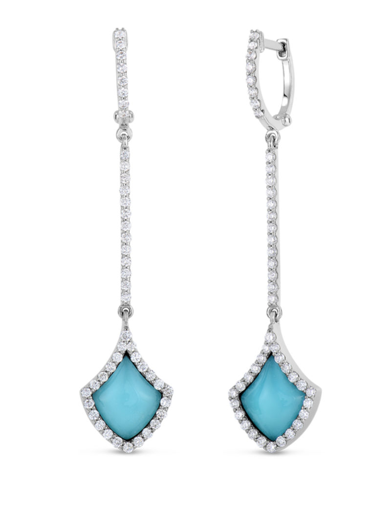 Art Deco Drop Earrings with Diamonds, Turquoise, and Mother of Pearl