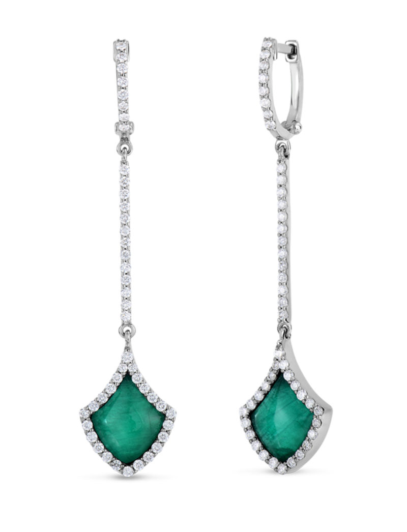 Art Deco Drop Earrings with Diamonds, Emerald, and Mother of Pearl