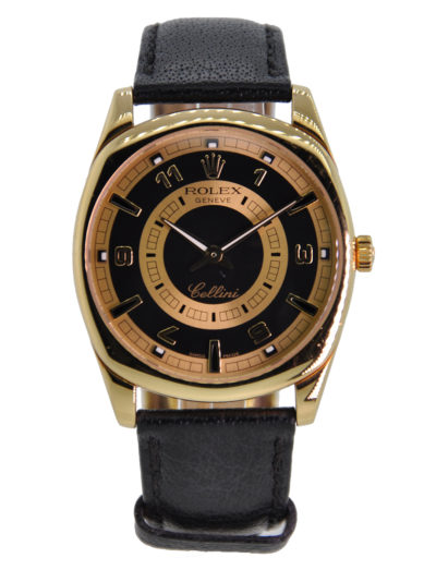 ROLEX CELLINI DANAOS 18KT YELLOW GOLD BLACK AND CHAMPAGNE DIAL ON STRAP FOLDING BUCKLE 4243/8