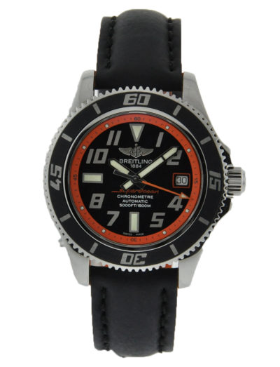 BREITLING SUPEROCEAN 42 ABYSS STAINLESS STEEL RUBBER BEZEL BLACK DIAL ORANGE ACCENTS BLACK LEATHER STRAP LIMITED EDITIONA17364Y4/BA89