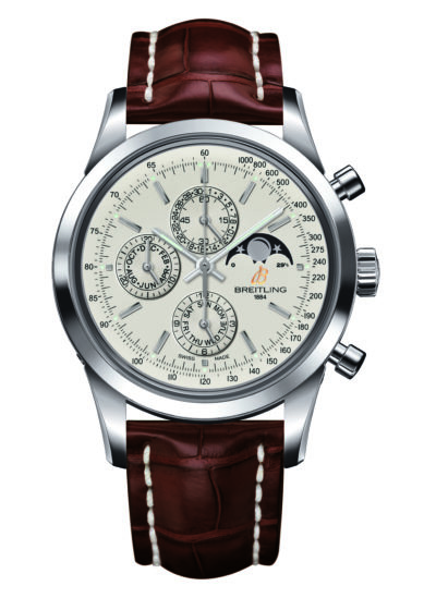 BREITLING TRANSOCEAN CHRONOGRAPH 1461 STAINLESS STEEL SILVER DIAL BROWN ALLIGATOR STRAP WITH STAINLESS STEEL FOLDING BUCKLE A1931012