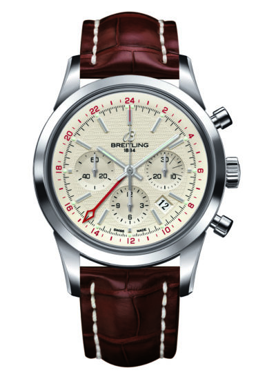 BREITLING TRANSOCEAN CHRONOGRAPH GMT STAINLESS STEEL SILVER DIAL BROWN CROCODILE STRAP WITH STAINLESS STEEL TANG BUCKLE AB045112/G772