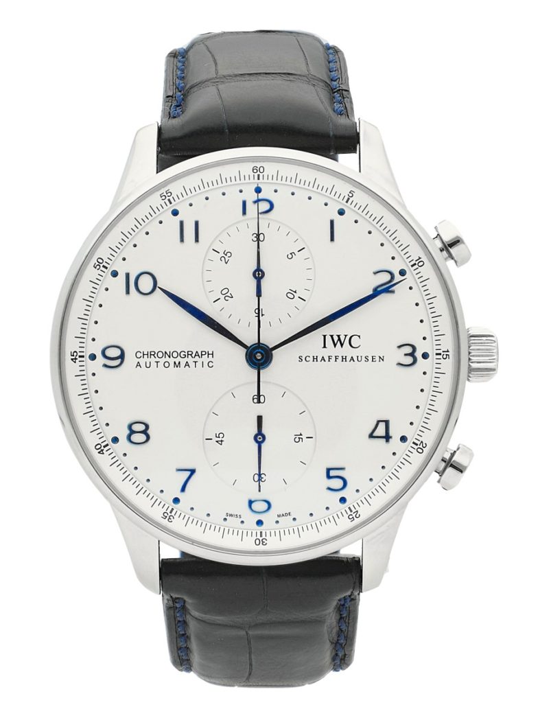 IWC PORTUGUESE CHRONOGRAPH STAINLESS STEEL SILVER DIAL BLUE ACCENTS ON BLUE ALLIGATOR STRAP IW371446