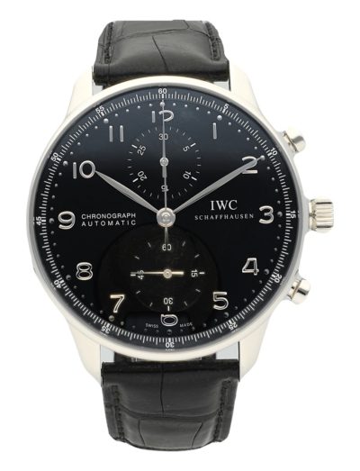 IWC PORTUGUESE CHRONOGRAPH STAINLESS STEEL BLACK DIAL STEEL ACCENTS ON BLACK ALLIGATOR STRAP STEEL TANG BUCKLE IW371446
