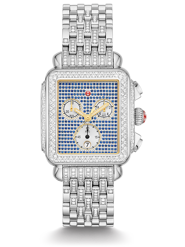 Michele Deco Stainless Pavé Sapphire and Diamond Watch in Cobalt