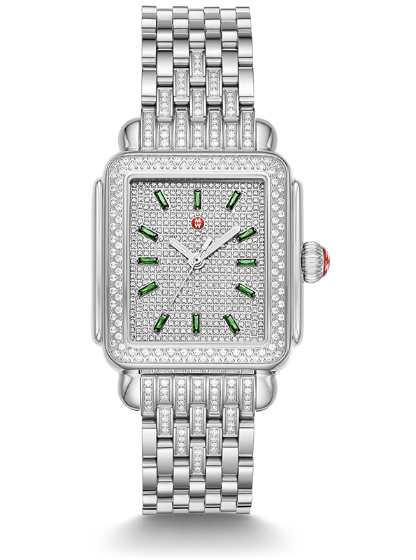 Michele Deco Stainless Emerald and Pavé Diamond Watch