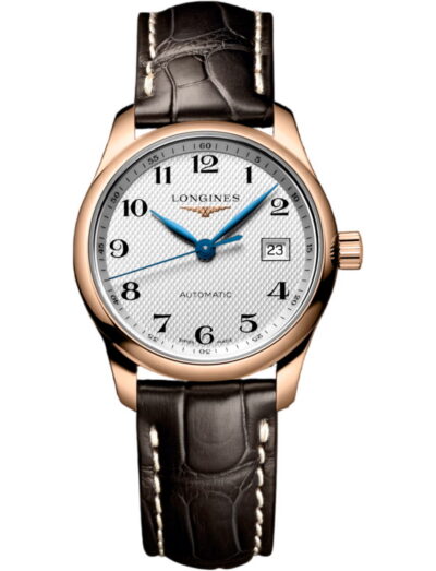 Rose gold Longines automatic wristwatch with white textured dial, blue hands, and black leather strap with white stitching; date window at 3 o'clock.