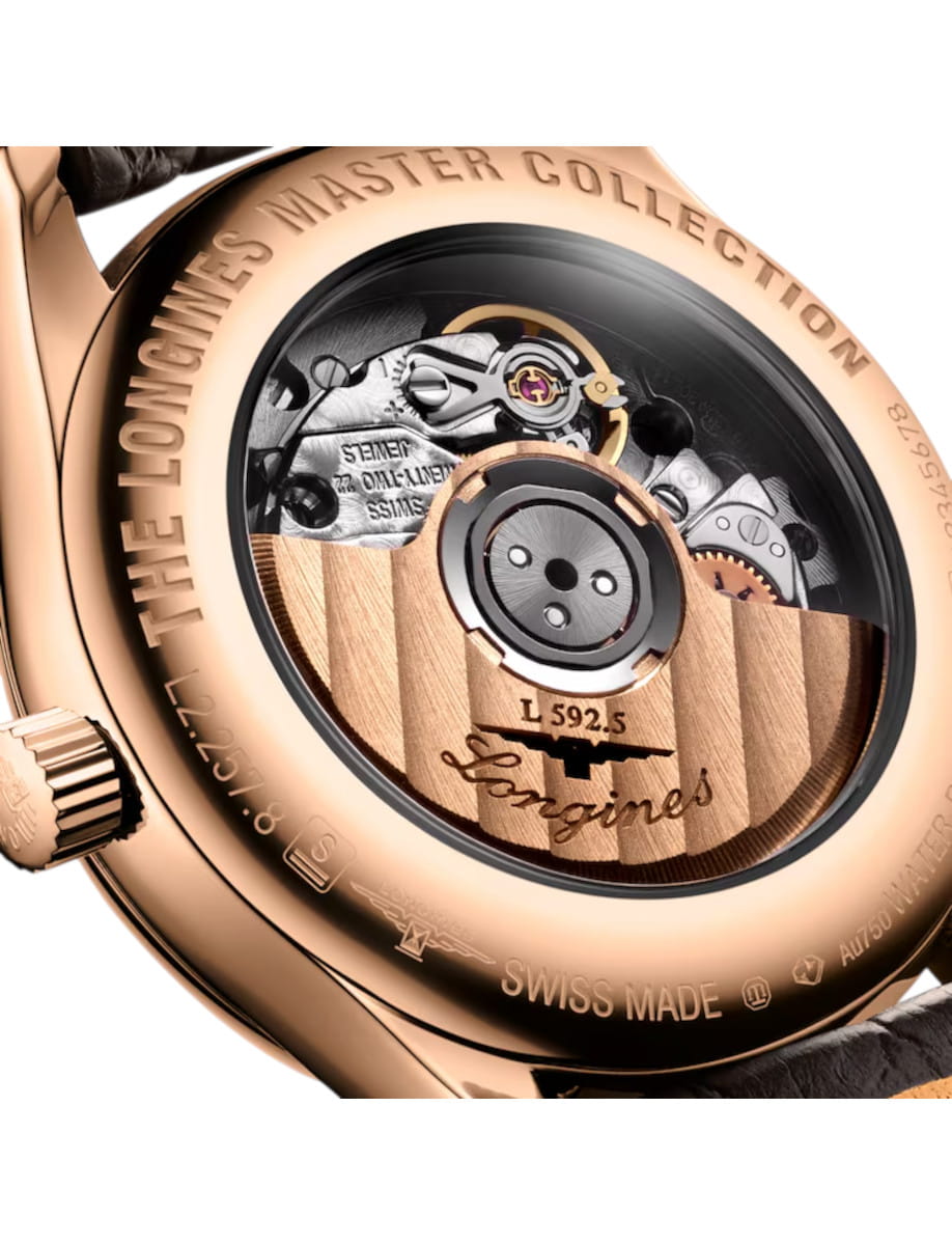 Rose gold watch back exposing the mechanical movement, Longines engraving visible on the rotor and caseback.