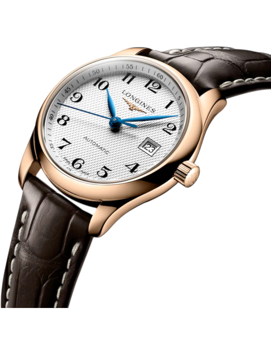 Gold-tone wristwatch with white textured dial, blue hands, and a brown leather strap; date window at 3 o'clock