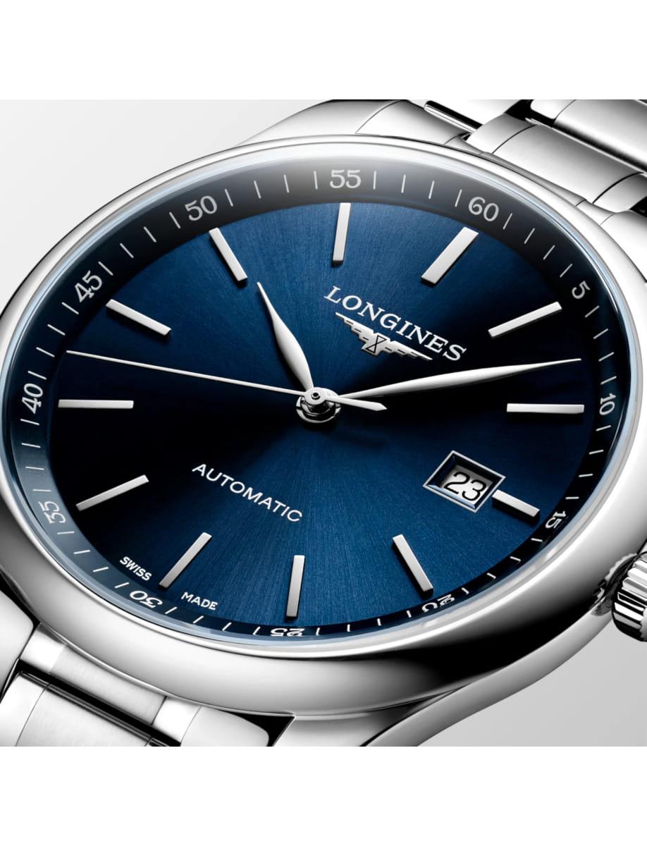 Close view of Longines wristwatch with stainless steel case and blue dial