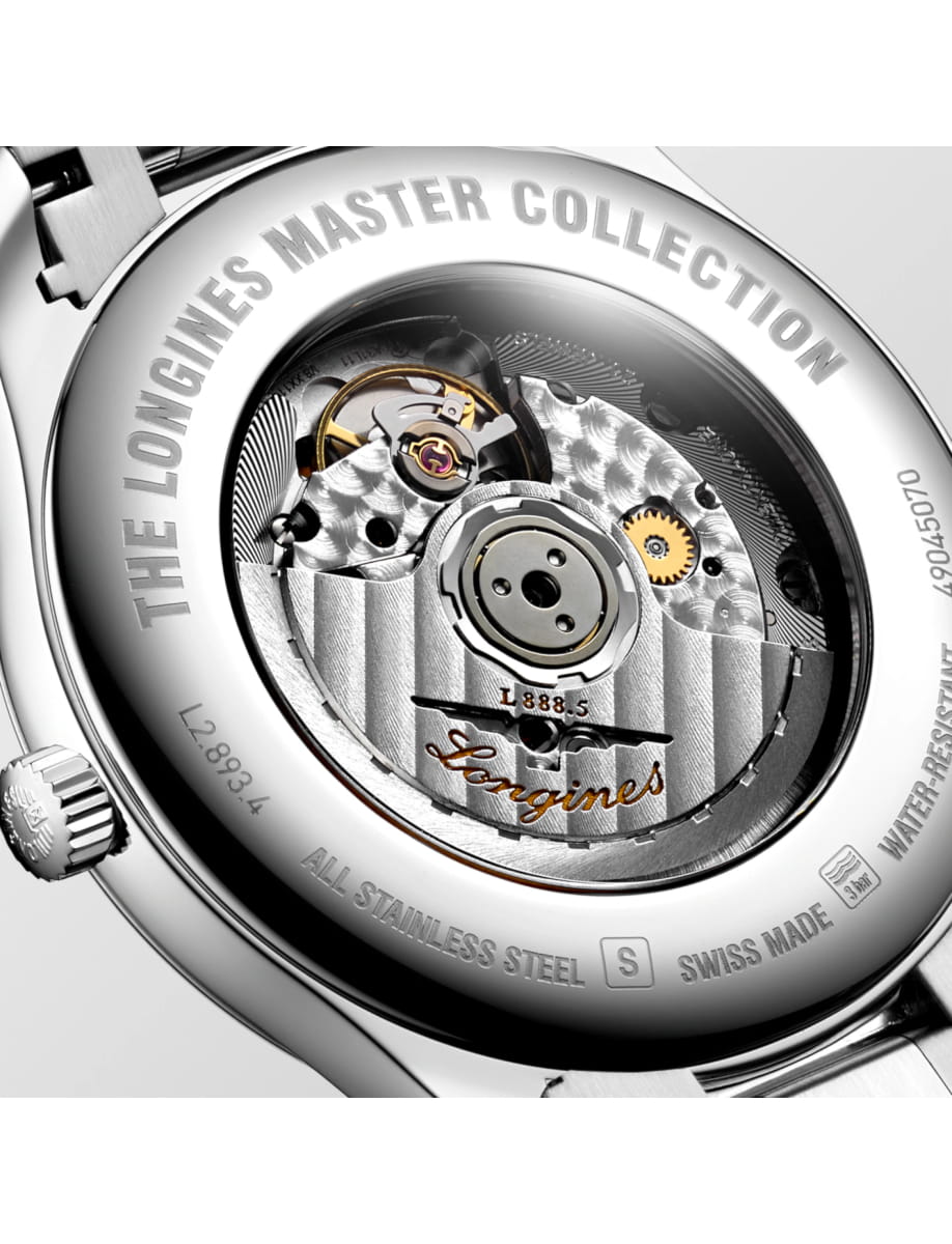 Back view of Longines wristwatch with stainless steel case and blue dial