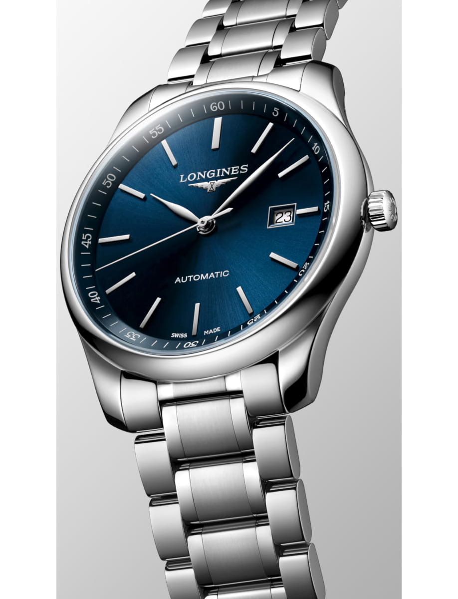 Side view of Longines wristwatch with stainless steel case and blue dial