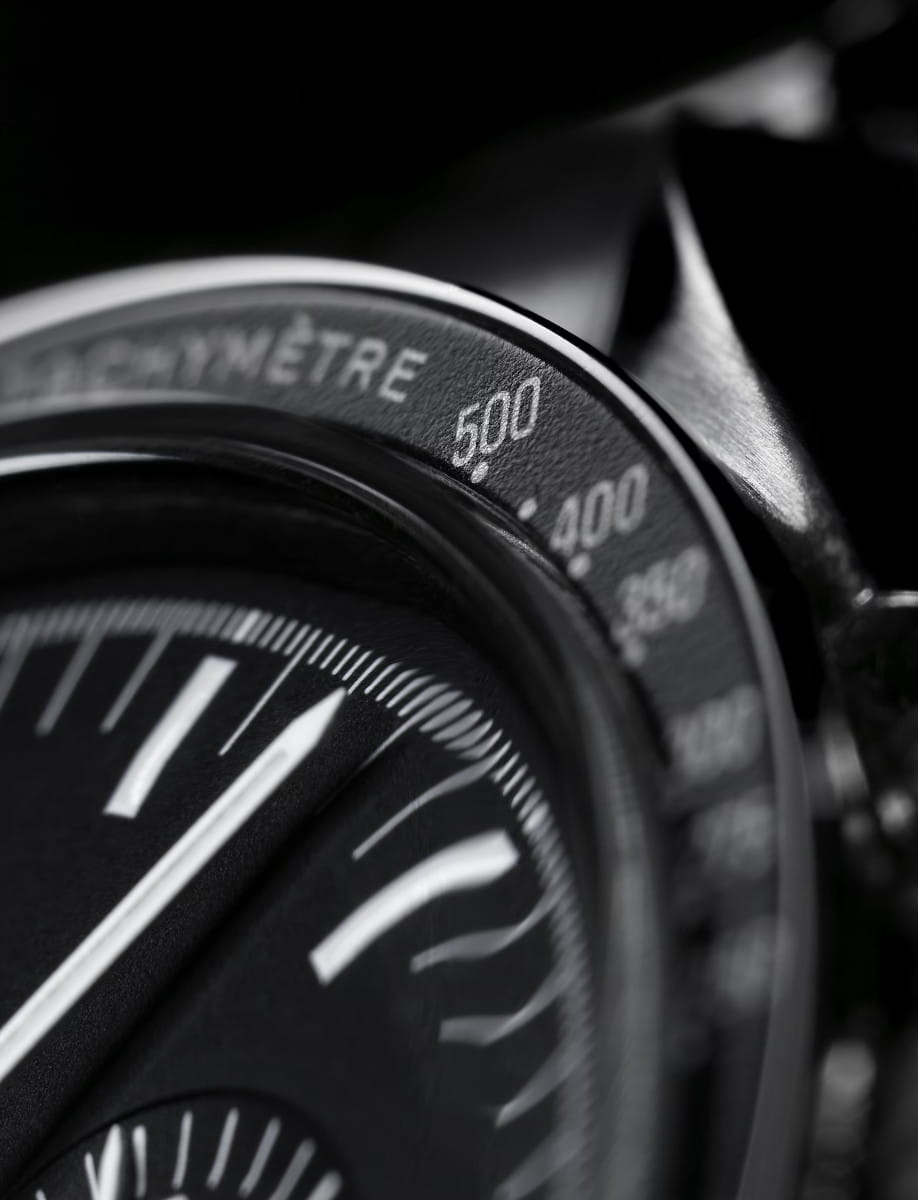 Close-up of a black camera lens with a focus distance scale showing 500m and 400m.