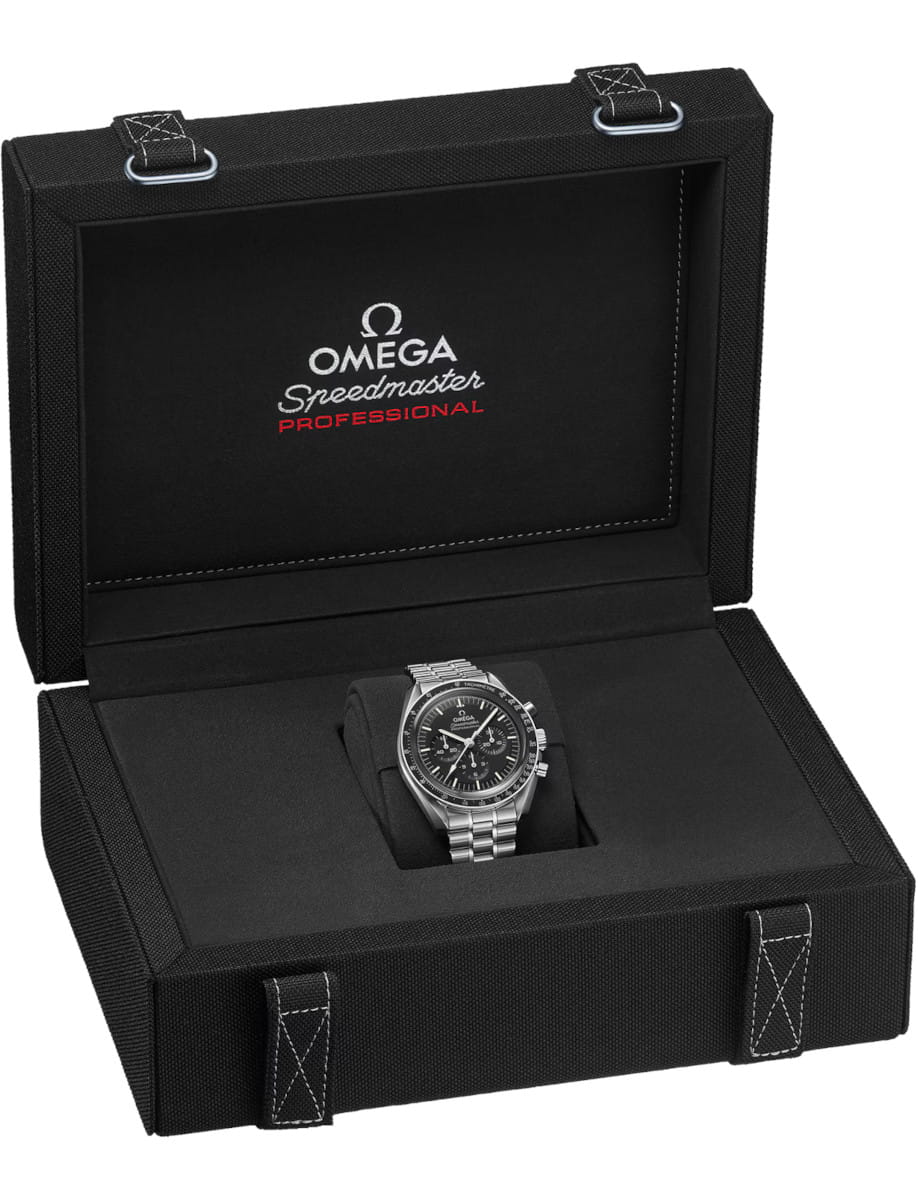 Omega Speedmaster Professional wristwatch in a black presentation box with a padded interior and logo on the lid.