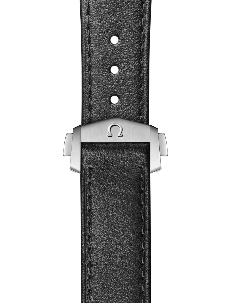 Black leather watch strap with a silver deployment clasp featuring the Omega logo.
