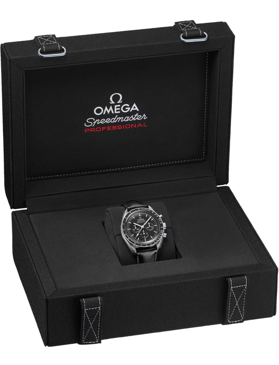 Omega Speedmaster Professional wristwatch in a black presentation box with white stitching
