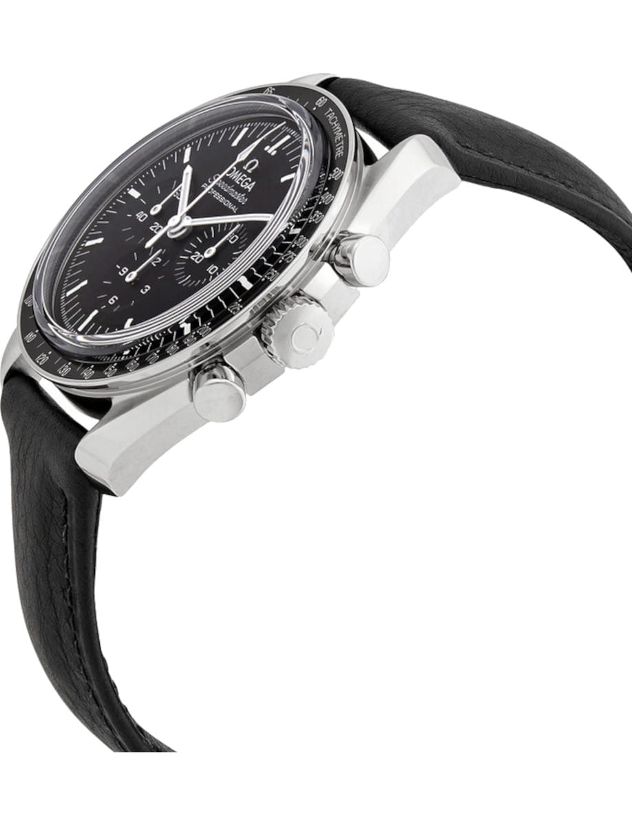 Side view of a stainless steel chronograph watch with a black dial and black leather strap.