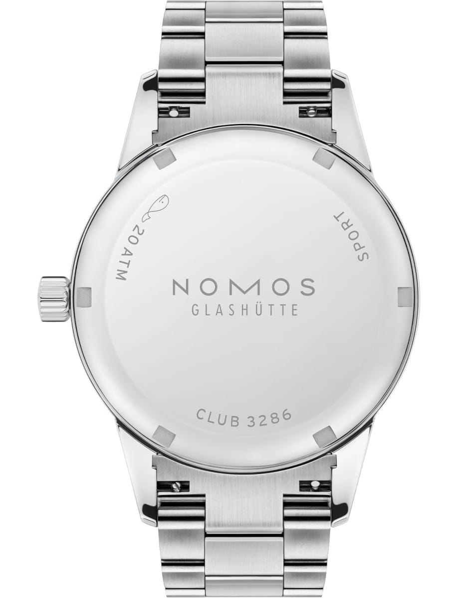 Back view of a steel NOMOS Glashütte Club wristwatch with steel bracelet, showing case back and branding