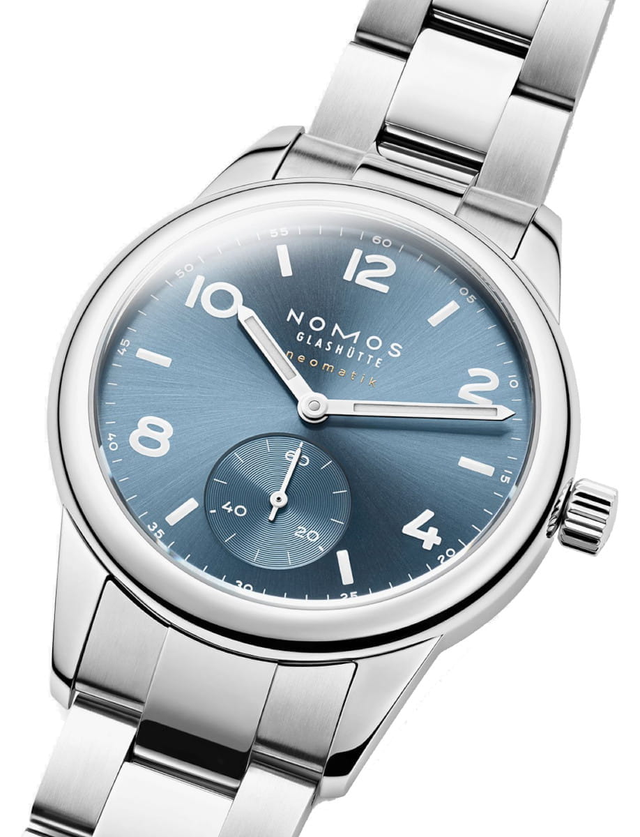 Side view of NOMOS Glashütte wristwatch with stainless steel case and bracelet, and polar blue dial.