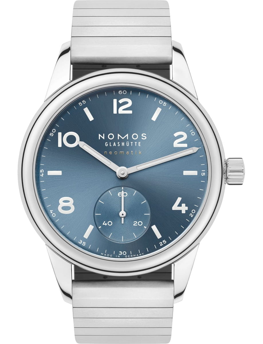 NOMOS Glashütte wristwatch with stainless steel case and sport bracelet, and polar blue dial.