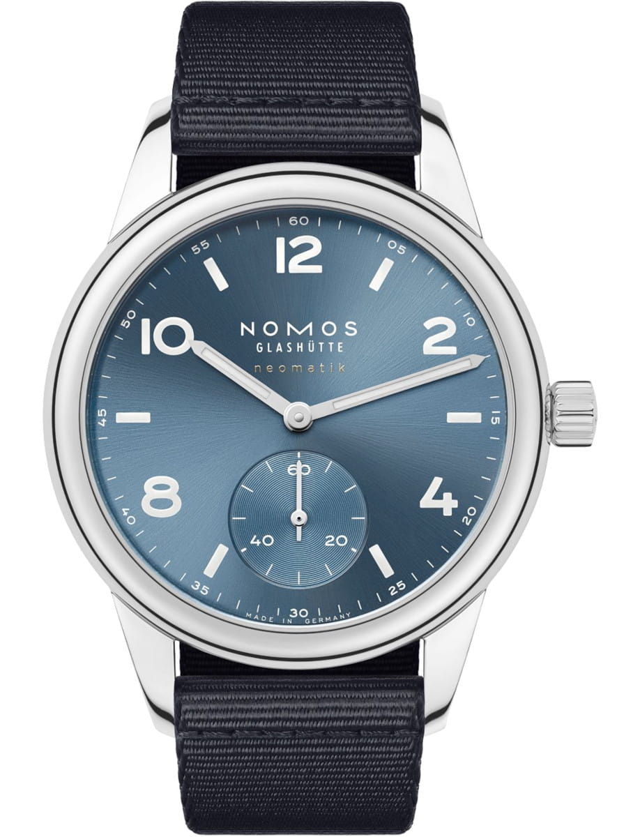 NOMOS Glashütte wristwatch with stainless steel case and textile strap, and polar blue dial.