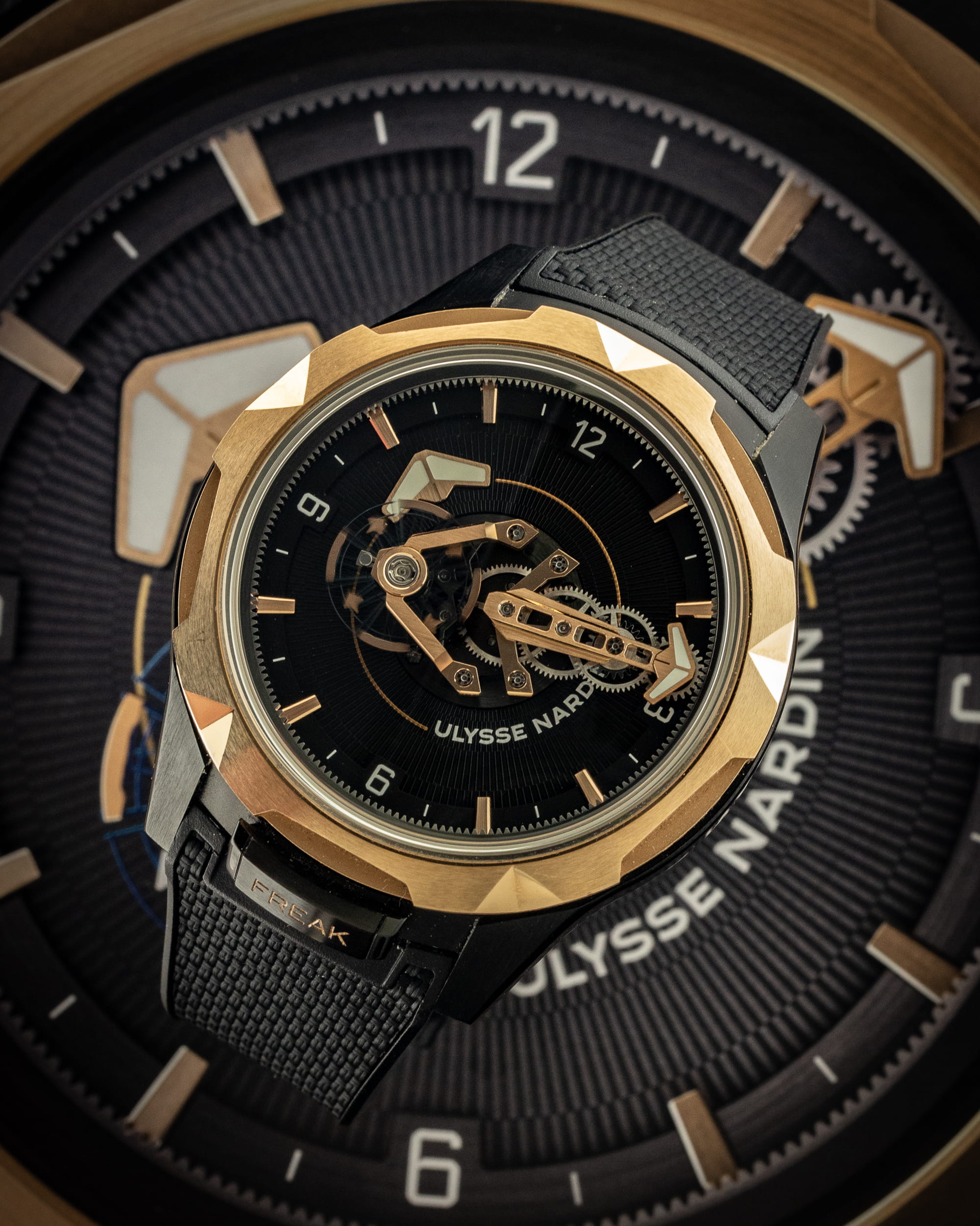 Hotlist image for Ulysse Nardin Freak One wristwatch with black titanium case, no dial and black rubber strap.