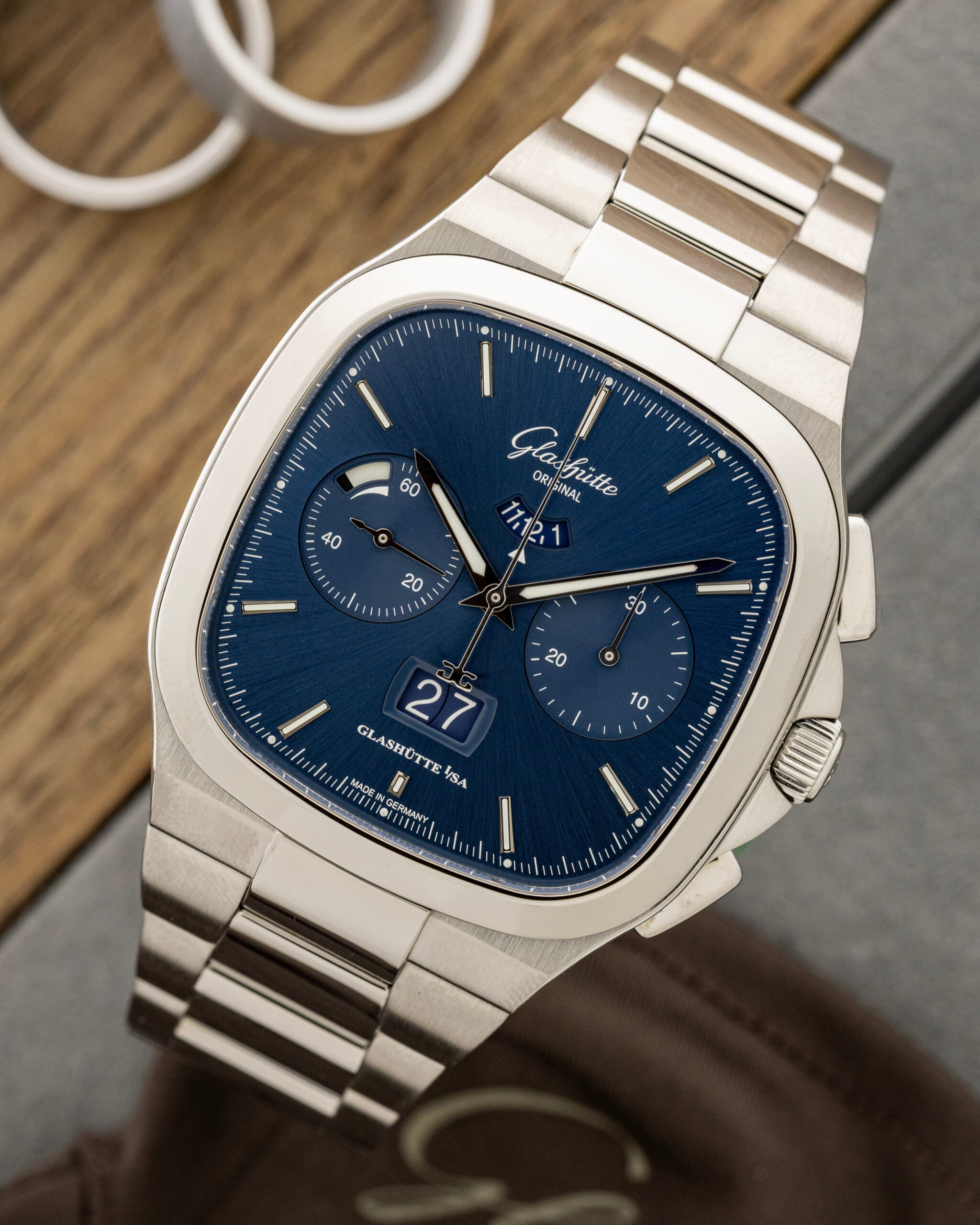 Hotlist image for Glashutte Original wristwatch with stainless steel case and bracelet, and blue dial.