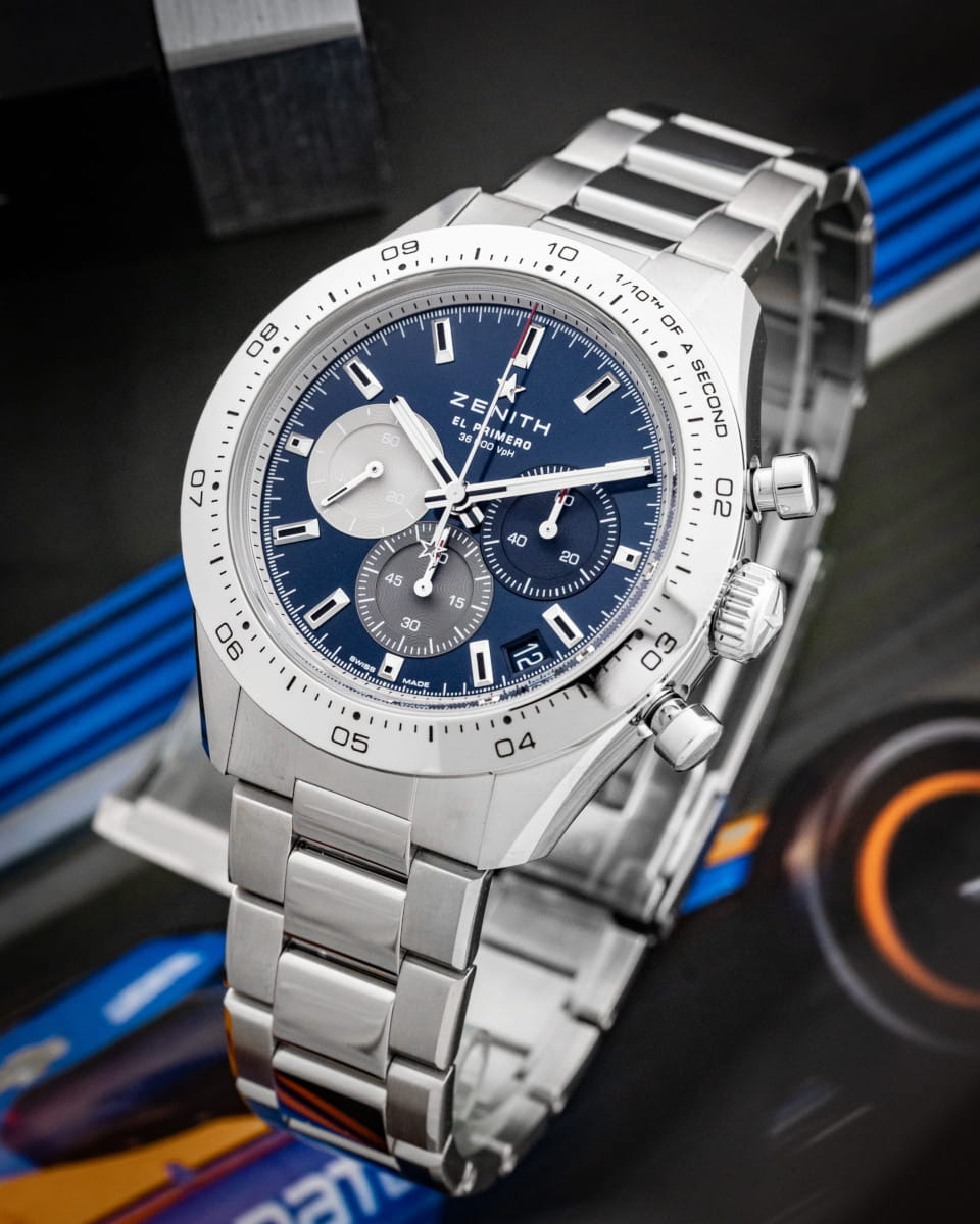Hotlist image for Zenith Chronomaster Sport Blue Dial with stainless steel case and bracelet, and blue dial.