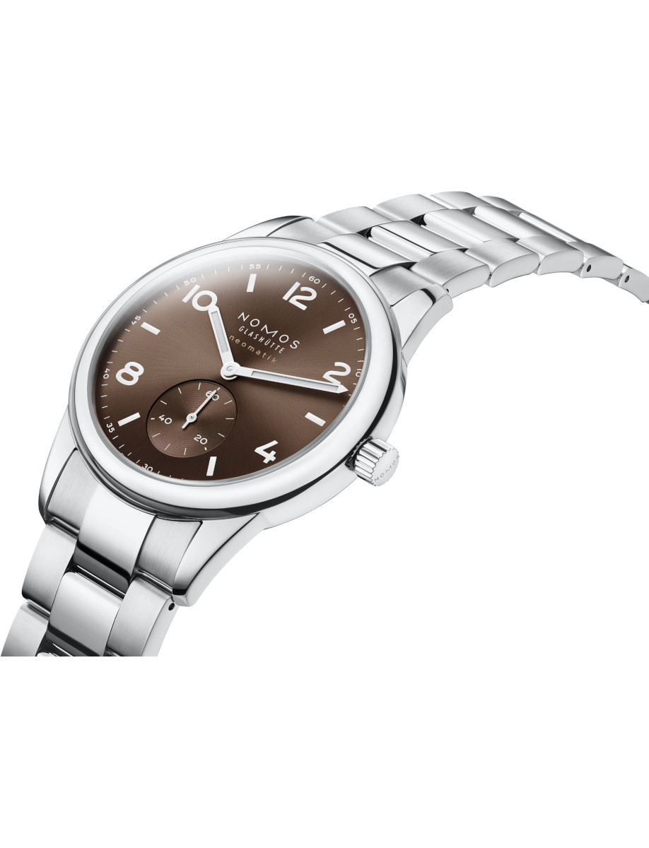 Side view of NOMOS Glashütte wristwatch with stainless steel case and bracelet, and brown dial.
