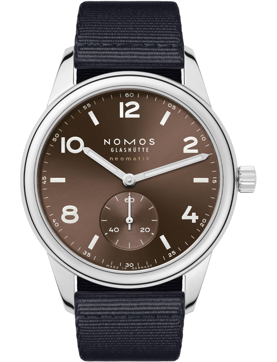 NOMOS Glashütte wristwatch with stainless steel case, black leather strap, and brown dial.