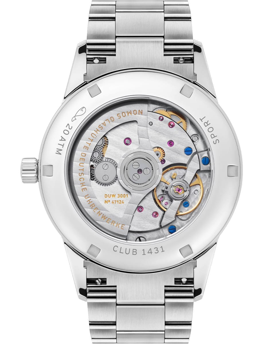 Nomos stainless steel wristwatch with a transparent case back revealing the inner mechanical movement and gears (screws, jewels, rotor).