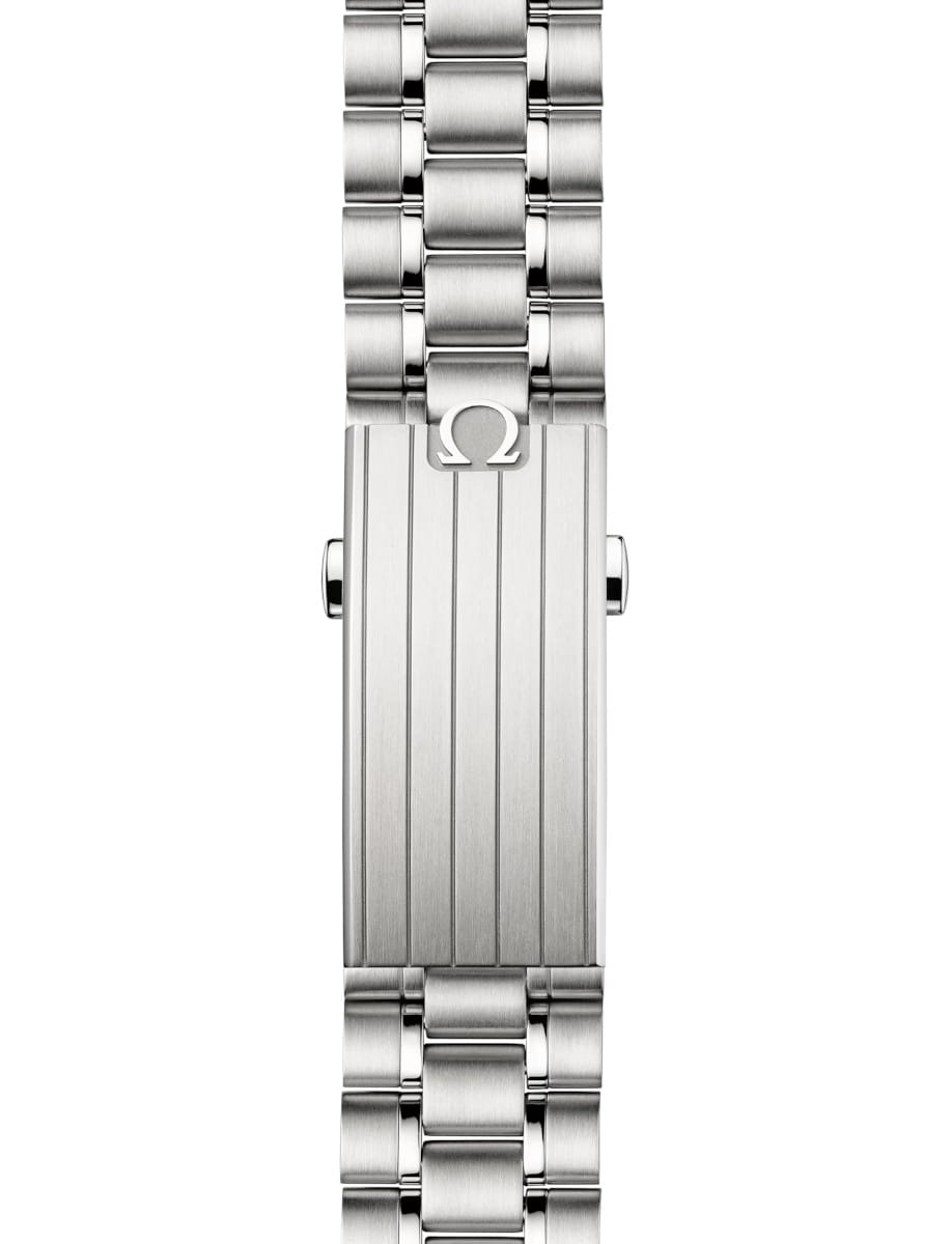 Close-up of a silver stainless steel watch bracelet with an Omega logo clasp on a brushed finish band