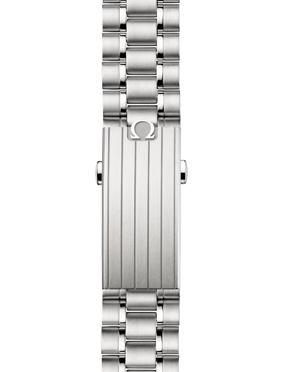 Stainless steel Omega watch bracelet clasp with the Omega logo on a brushed metal clasp.