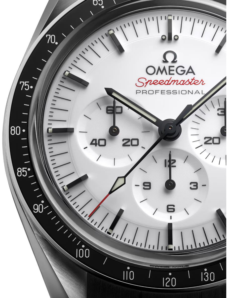 Close-up of an Omega Speedmaster Professional chronograph watch showing subdials and tachymeter bezel.