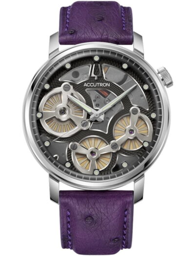 Accutron wristwatch with stainless steel case, black dial, and american alligator strap.