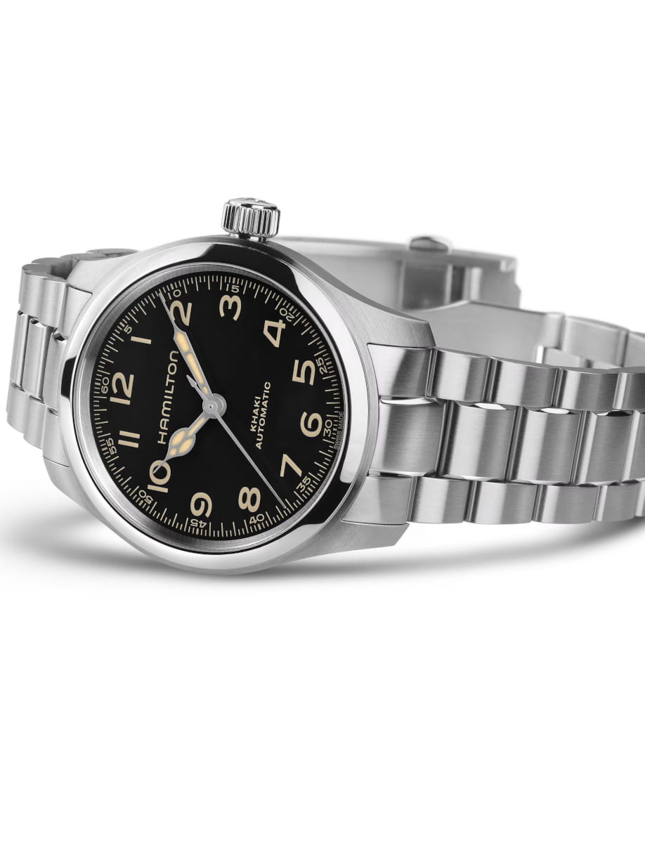 Right side view of Hamilton wristwatch with stainless steel case and bracelet, and black dial.
