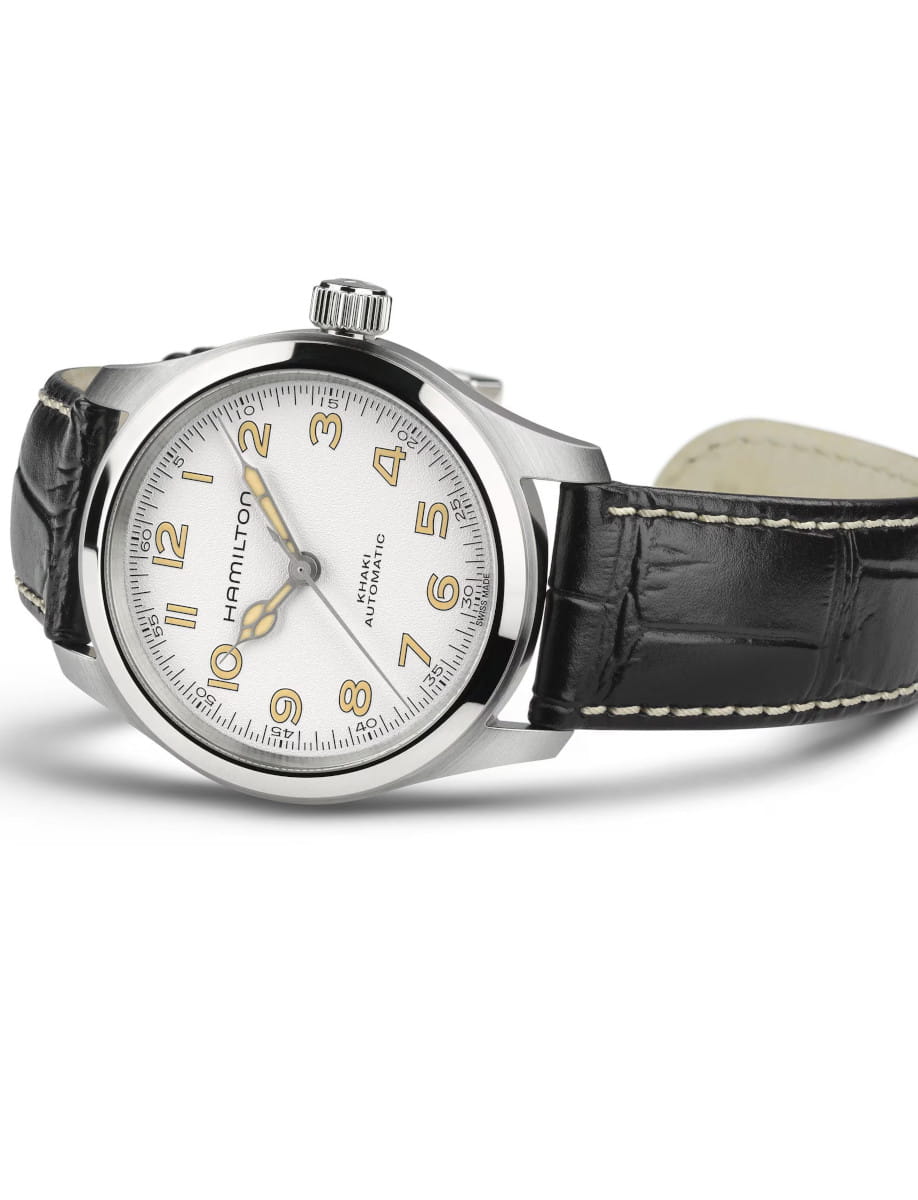 Hamilton wristwatch with white dial, stainless steel case and black calf strap.