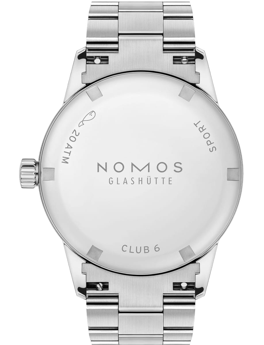 Back view of a steel Nomos Glashütte Club wristwatch with a stainless steel bracelet, case back visible with branding