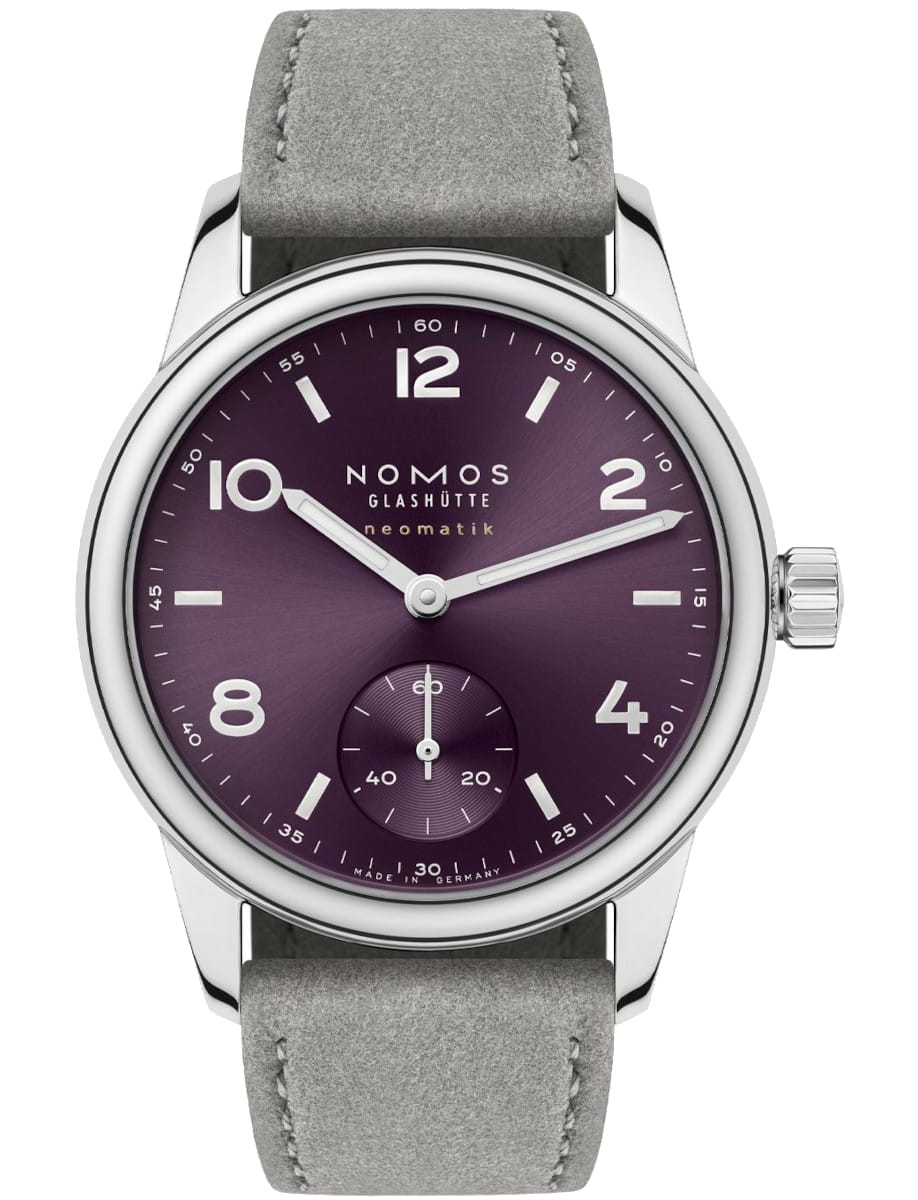 Nomos Glashütte Neomatik wristwatch with a purple sunburst dial, stainless case, and grey vegan velour strap.