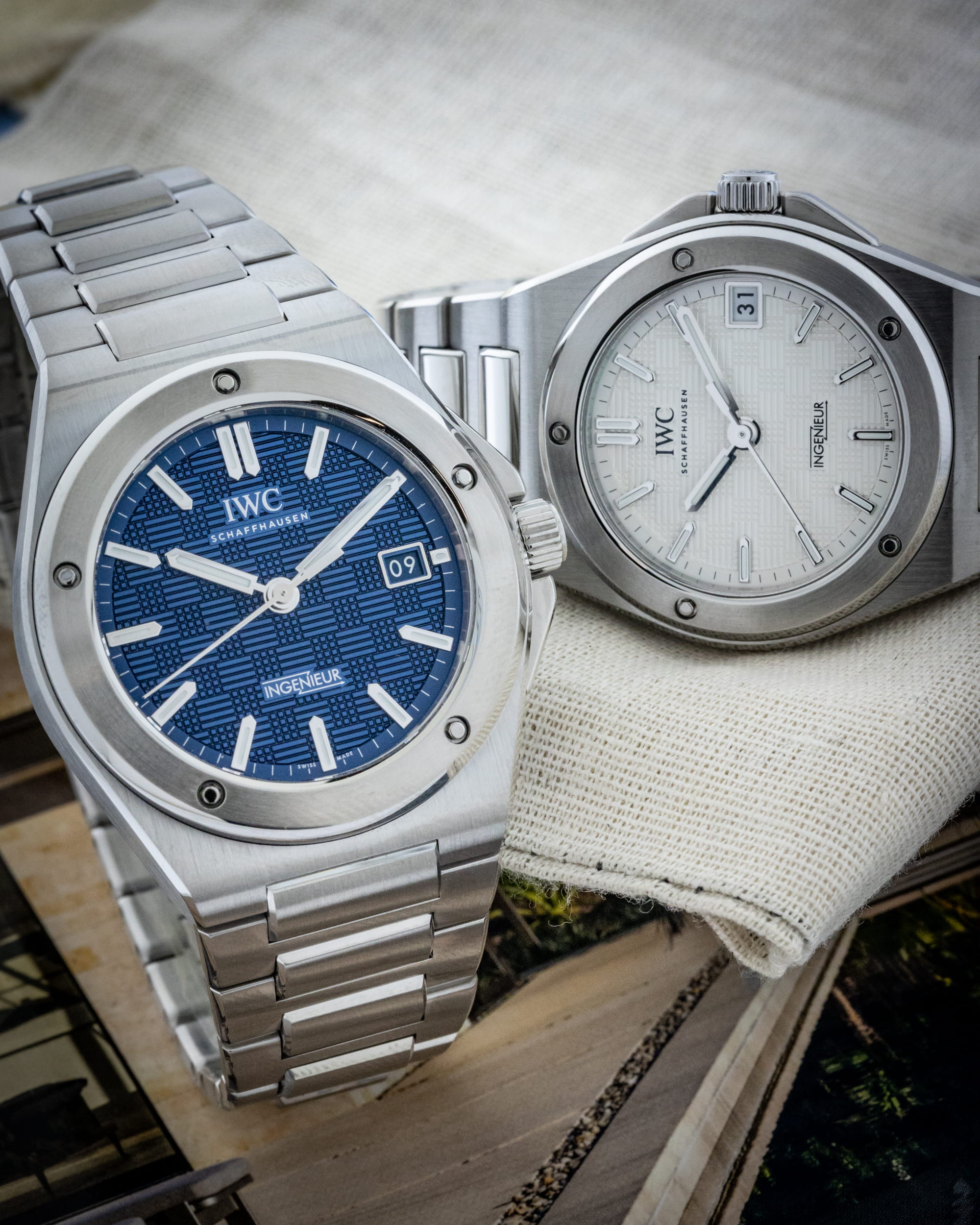 Hotlist image for IWC Ingenieur wristwatch with stainless steel case and bracelet, and blue dial.
