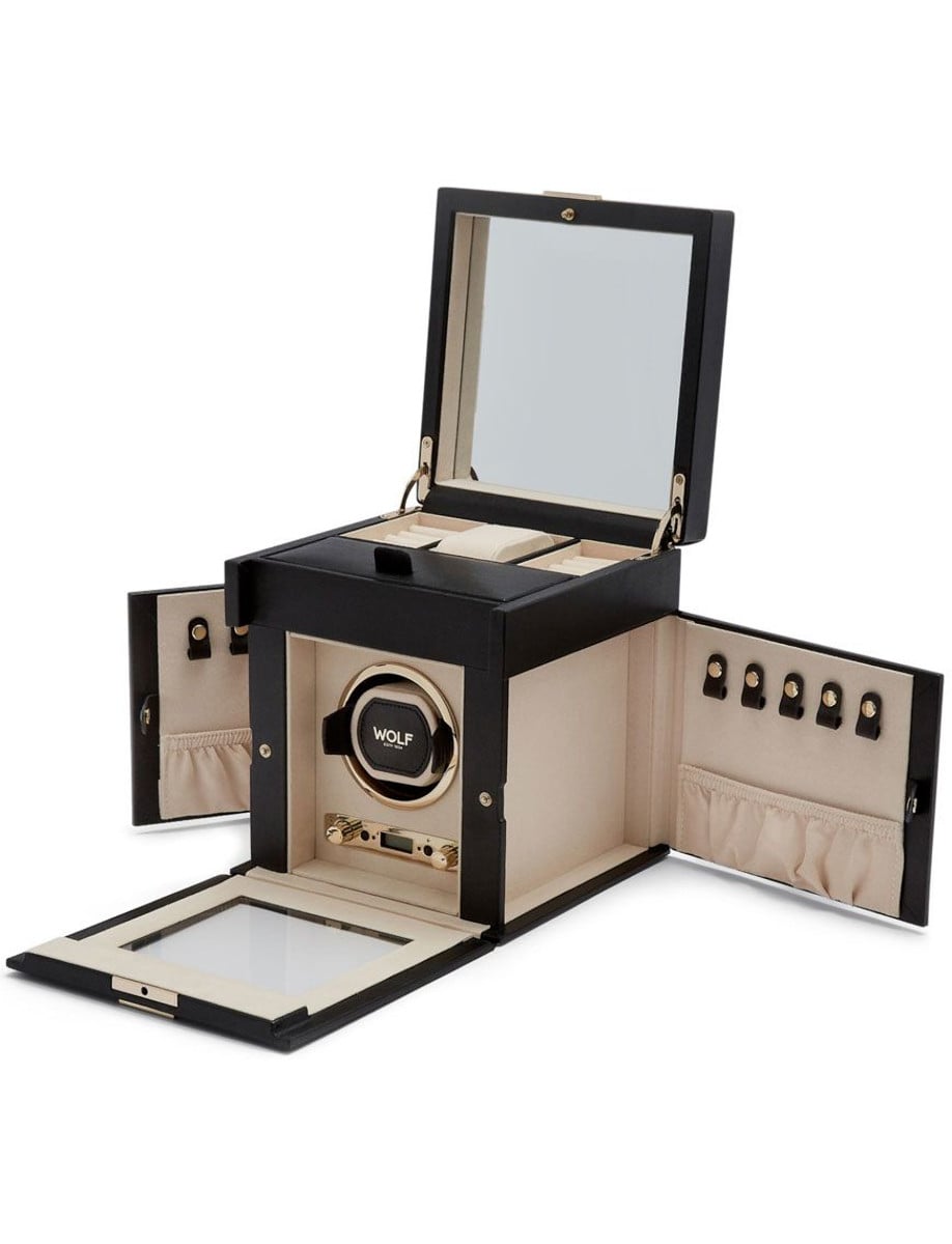 Wolf Palermo Single Watch Winder with Jewelry Storage 213702 side