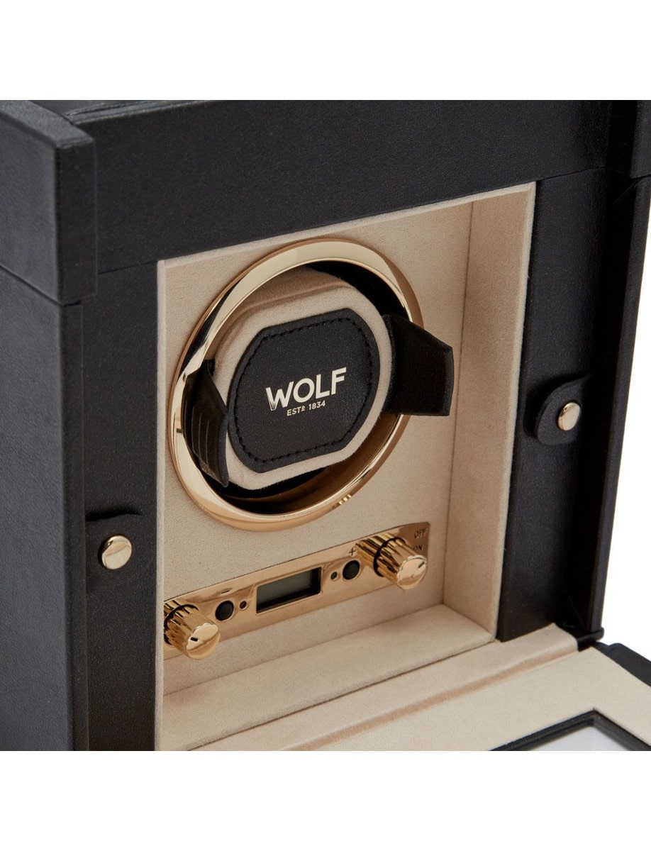Wolf Palermo Single Watch Winder with Jewelry Storage 213702 front side